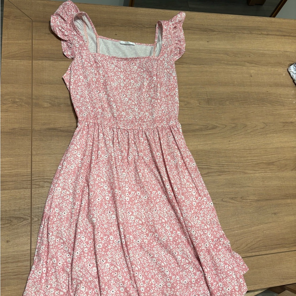Pink Floral Dress with Ruffle Sleeves